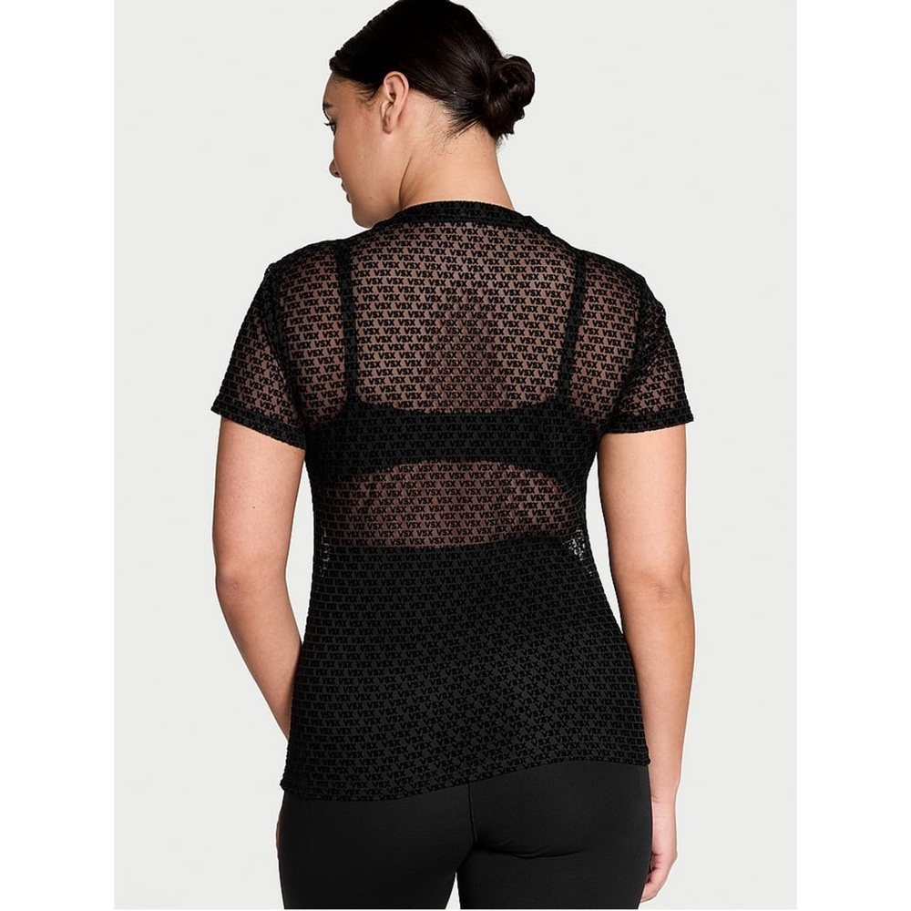 Victoria’s Secret VSX Black Sheer Mesh Logo Tee Y2K Fitted Top Size S - Picture 9 of 9